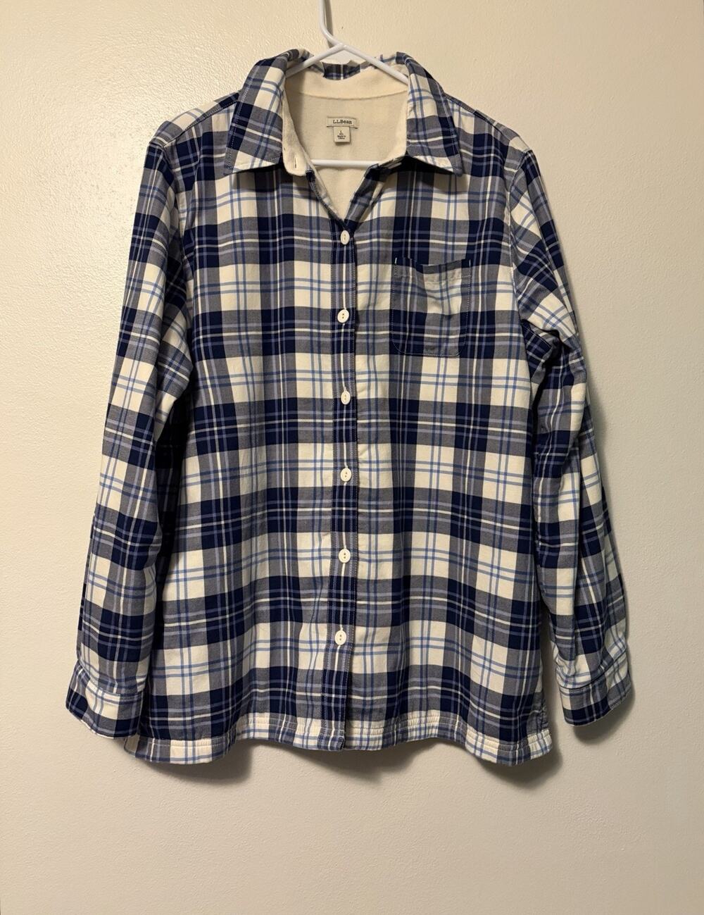LL Bean Blue Fleece Lined Plaid Flannel Shirt Jacket Shacket Women’s Size Large